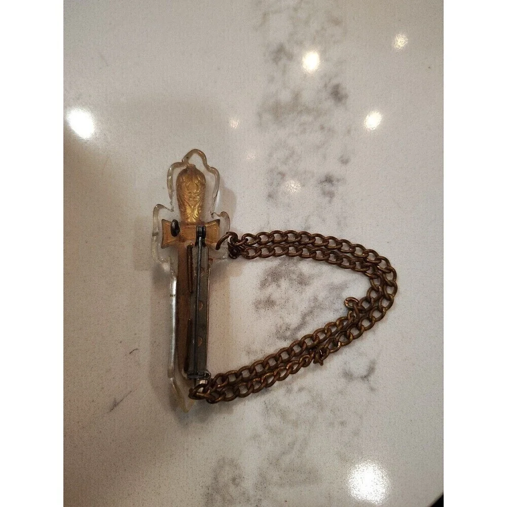 Vintage Intricate Bakelite Gold toned  Sword Pin Brooch with Dangle link chain